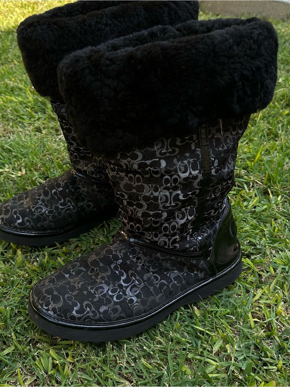 Coach Black Signature Logo fur boots